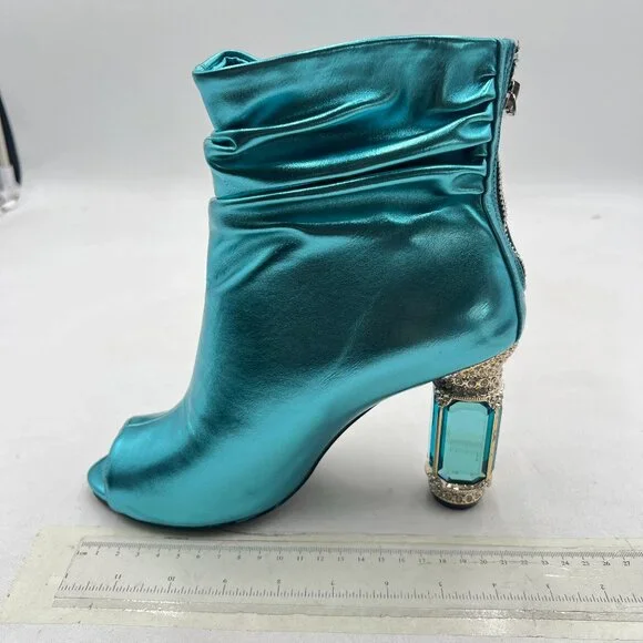 FSJ Turquoise Peep Toe Slouch Ankle Boots Chunky Stacked Heels Party Prom Shoes - Picture 2 of 8